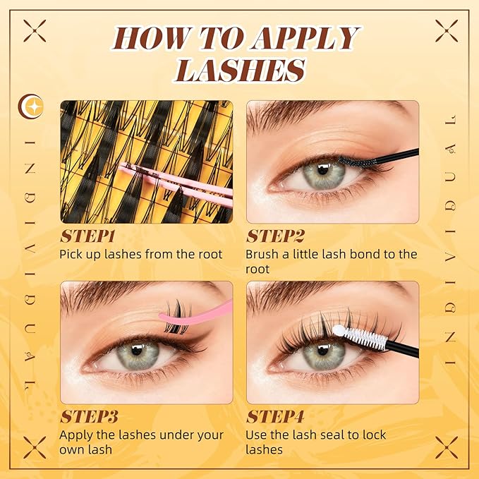 QUEWEL Fairy Lash Clusters Kit, 144PCS Cluster Eyelash Extensions kit with Lash Bond and Seal, C Curve Manga Lash Clusters Natural Look with Invisible Thin Band Easy to Use for Beginners (DJ-FD-D）