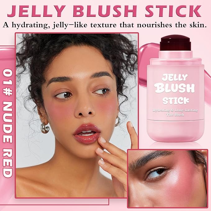 Jelly Blush for Checks,Eyes & Lip Stain 3-in-1 Long-Lasting Hydrating Jelly Tint Lightweight Sheer Blush Buildable Color Lip Tint Face Blushes Makeup# Nude Red