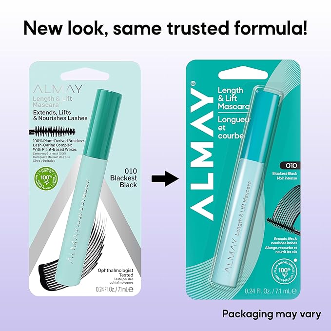 Almay Lengthening Mascara, Volume & Lift, Eye Makeup, Hypoallergenic and Fragrance Free (Packaging May Vary), 010 Blackest Black, 0.24 fl oz