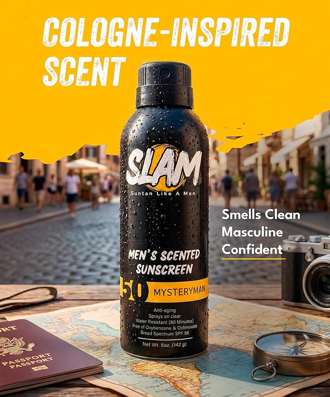 SLAM Men’s Sunscreen SPF 50 Spray - Broad Spectrum UVA/UVB Protection - Non-Greasy & No Harsh Chemicals - MysteryMan Sandalwood Tonka Bean Sage Cologne Scented - 2 Pack