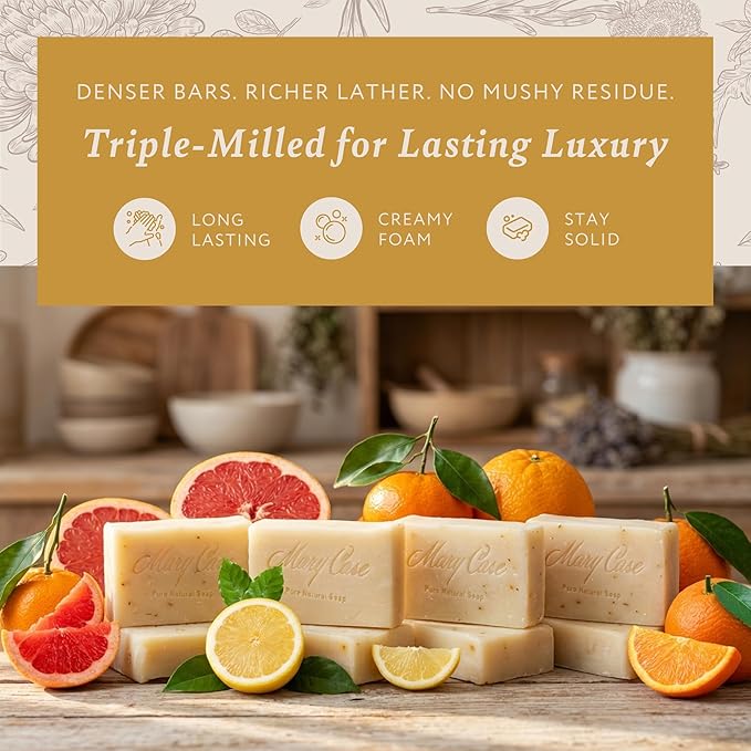 Mary Case Citrus Variety Bar Soap Set of 4 | Orange, Mandarin, Grapefruit & Lemon Natural Soaps | Vegan Bath Soap for Men & Women | Energizing, Brightening & Revitalizing Skin