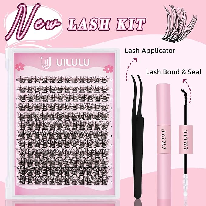 Uilulu Lash Clusters Kit for DIY Lash Extension at Home, False Eyelashes Set with Bond and Seal, Lash Remover, Tweezers, D Curl Wispy Individual Clusters Eye Lash Extensions Kit (U22 Kit)