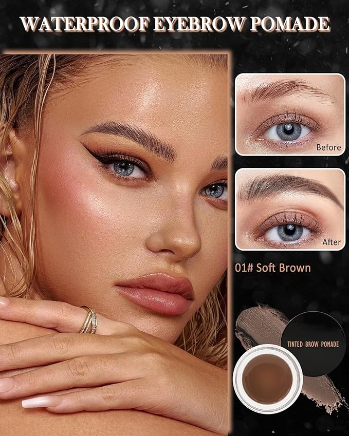 Eyebrow Pomade Kit, Long Lasting Waterproof Soft Brown Tinted Eye Brow Pomade Set with Brush Razor,Smudge-proof Tint Eyebrow Cream Brow Tinting Gel,Christmas Makeup Gift for Women Girl-01