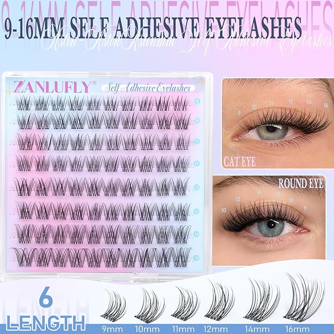 Self Adhesive Eyelashes Natural Self Adhesive Lash Clusters Wispy Pre glued Eyelash Clusters 9-16mm Thin Band No Glue Lashes DIY Press on Cluster Lashes for clean girl makeup by zanlufly
