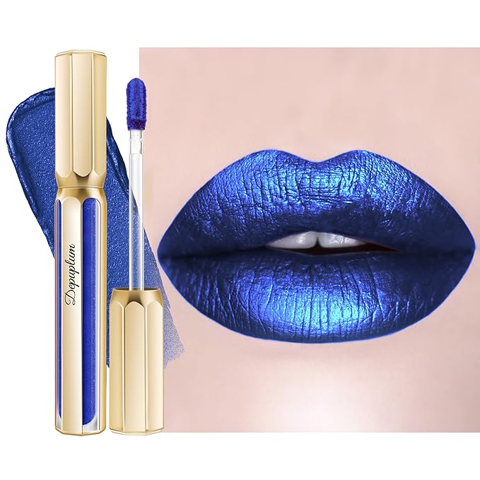 Depuplum Blue Lipsticks for Women Metallic Lipstick Long Lasting Shimmer Lip Gloss Metal Shine Glitter Waterproof Lipsticks Full Coverage Lip Color for Mother's Day,DP118 R&B