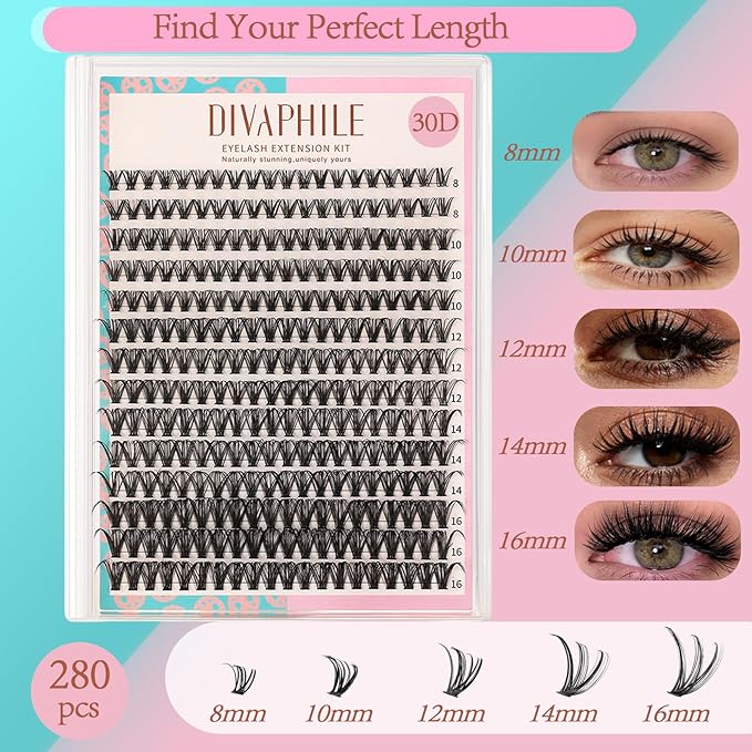 Lash Clusters Kit 280pcs, DIY Individual Eyelash Extensions with Lash Bond, Seal, Remover, Precision Tweezer, Waterproof Natural 30D Cluster Lashes 8-16mm Black, Professional Kit
