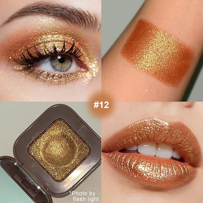 KYDA Chameleon Metallic Eyeshadow, Chrome Shimmer Eye Shadow Makeup, Smooth Pressed Powder Palette with Mirror, High Pigment Soft Eyeshadow, Lasting Glitter Eye Look, 12 Bronzer Gold