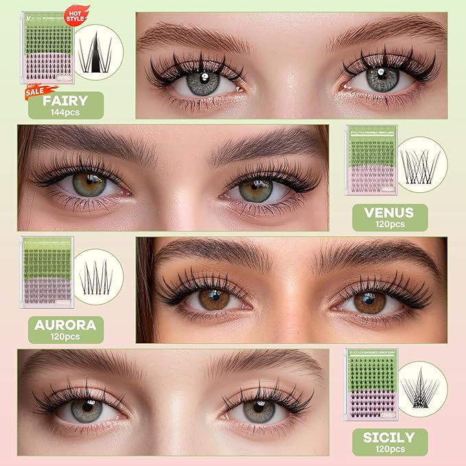 KEYYOU Sicily Lash Clusters Kit Fairy Lash Extension Kit C Curl 120Pcs Eyelash Extension Kit Wispy Natural Invisible Band Lash Kit with Waterproof DIY Lash Extension Kit at Home(Sicily-C-8-16MIX)