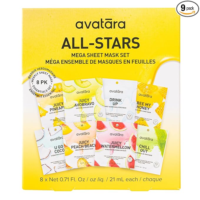 Avatara All-Stars 8-Pack Facial Sheet Mask Variety Pack | Clean K-Beauty Set for Dry, Sensitive, Uneven Skin | Gentle Moisture | Fragrance-Free, Paraben-Free & Cruelty-Free Korean Masks