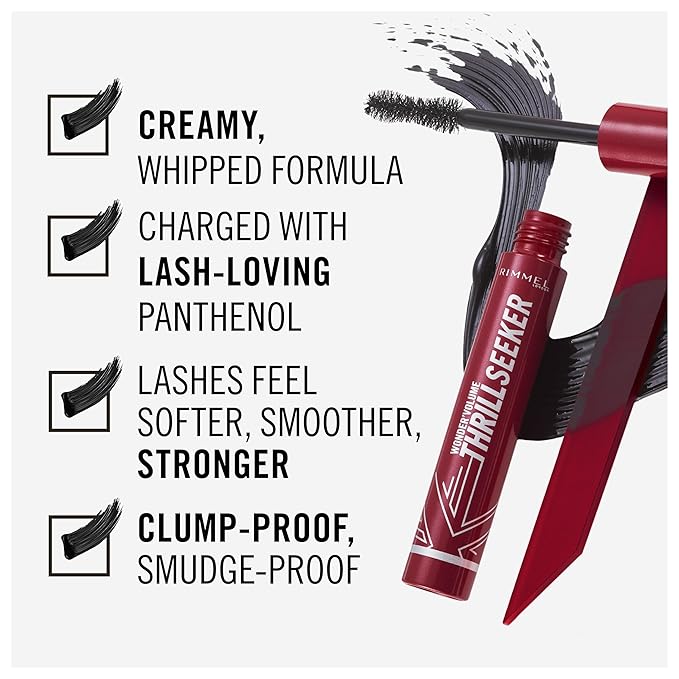 Rimmel London Wonder'Volume Thrill Seeker, 002 Black Brown, Mascara, Bold Volume, Lengthening, Weightless Feel, Doesn't Clump, Smudge-Free, 0.30oz