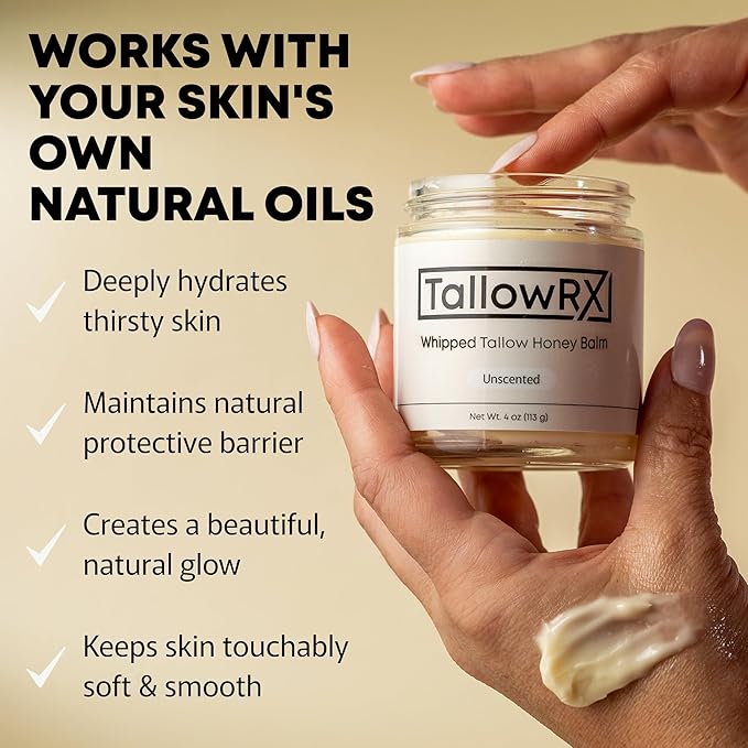 100% Grass-Fed Beef Tallow for Skin – Whipped Tallow Honey Balm, Pure & Organic Moisturizer for Face & Body with Manuka Honey, Jojoba & Calendula – Deep Hydration & Soothing (4 oz, Unscented)