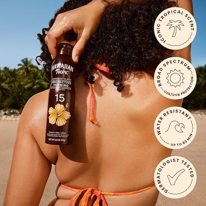 Hawaiian Tropic Dry Oil Tanning Spray Sunscreen SPF 15, 6 oz | Protective Sun Tanning Oil with SPF 15 Sunscreen, Oxybenzone Free, 6 oz