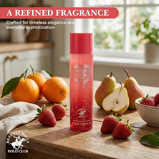 Beverly Hills Polo Club Strawberry Chiffon Shortcake Body Mist for Women – Irresistible Gourmand Fruity Fragrance – Long-Lasting All-Day Scent – French Crafted 236ml / 8 FL OZ