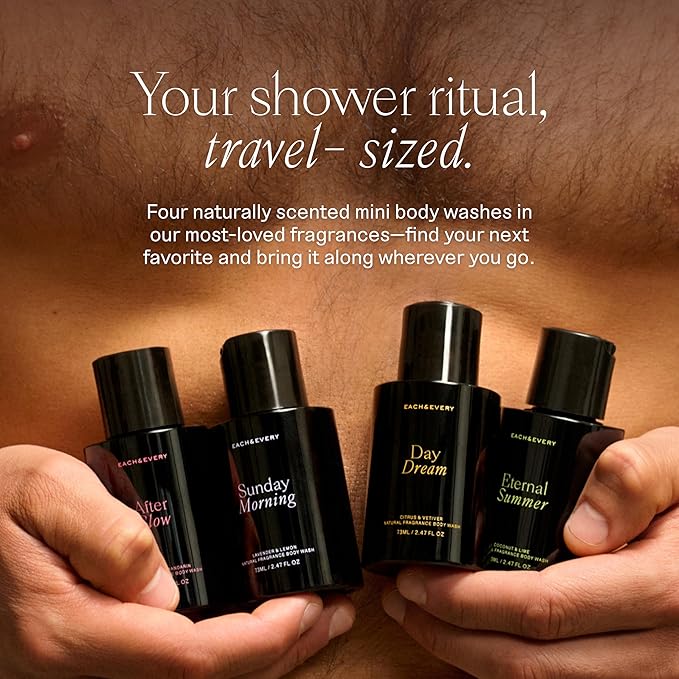 Each & Every Mini Body Wash Travel Set - 4 Natural Fragrance Shower Gels - Ceramides, Lactic Acid AHA & Moringa Oil - Day Dream, After Glow, Sunday Morning & Eternal Summer