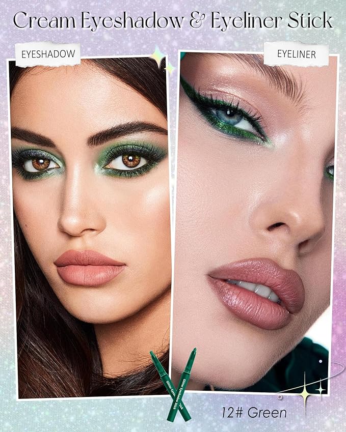 Glitter Eyeshadow & Eyeliner Stick 2 in 1, Metallic Shimmer Eyeshadow Stick, Twist-Up Built in a Sharpener Green Eyeliner Pen, Waterproof Creamy Eye liner Makeup for Women St. Patrick's Day-12 Green