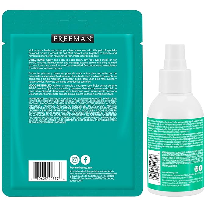 Freeman Flirty Feet Foot Care Set – Instant Peeling Spray for Dry, Cracked Feet + Moisturizing Foot Mask Socks 3-Pack (4 Piece Set)