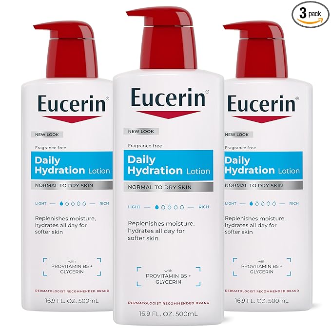 Eucerin Daily Hydration Body Lotion for Dry Skin, Unscented Body Moisturizer with Sunflower Oil and Pro-Vitamin B5, 16.9 Fl Oz Bottle, Pack of 3