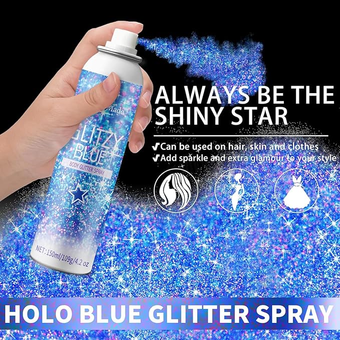 Hair Glitter Body Glitter Spray, 150ML Glitter Hairspray Holographic Blue Glitter Spray for Hair and Body, Hair Glitter for Kids Women, Body Shimmer Festival Makeup 4.2 Fl Oz