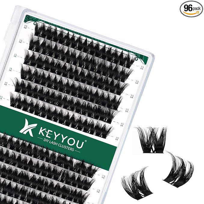 Lash Clusters 96pcs Individual Lashes Y10 D Curl 12mm Cluster Lashes KEYYOU Volume Wispy Lash Extension Soft&Comfortable Easy DIY at Home(Y10,D-12mm)