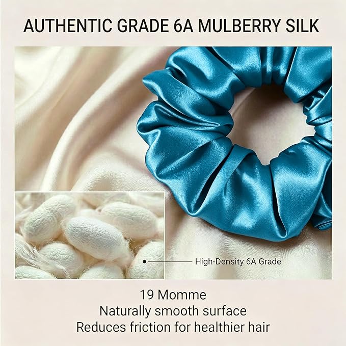 ZLYC 100% Mulberry Silk Scrunchie 19 Momme Gentle Creaseless Hair Tie for Women Dent-Free Ponytail Holder, 3.5cm Solid Peacock Blue