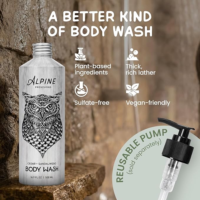 Alpine Provisions Natural & Organic Body Wash with Cedar & Sandalwood – Moisturizing Body Wash with Aloe Vera, Coconut Oil & Essential Oils – Vegan, Sulfate-Free, Plastic-Free – 16.9 fl oz