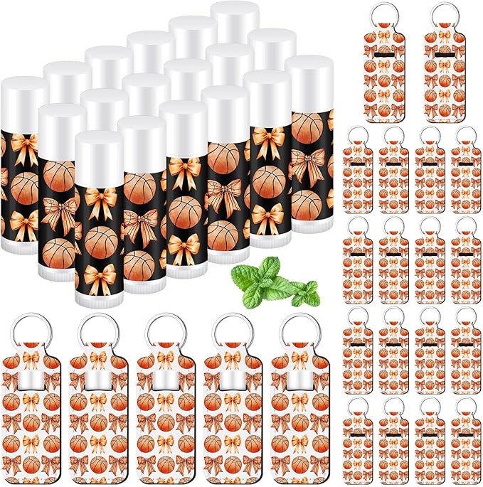18 Sets Basketball Bow Party Favors Lip Balm and Holder Keychain Bulk Basketball Senior Night Party Supplies Goodie Bags Stuffers Lip Balm Pouch for Team Sports Coach Fans Friends Gifts