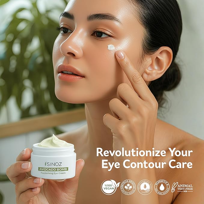 sinoz Hydrating Eye Cream with Avocado Oil, Caffeine & Peptides, 15 ml - Avocado Eye Cream, Dark Circles Eye Cream for Puffiness & Dry Under Eyes, Day and Night Skincare for Women