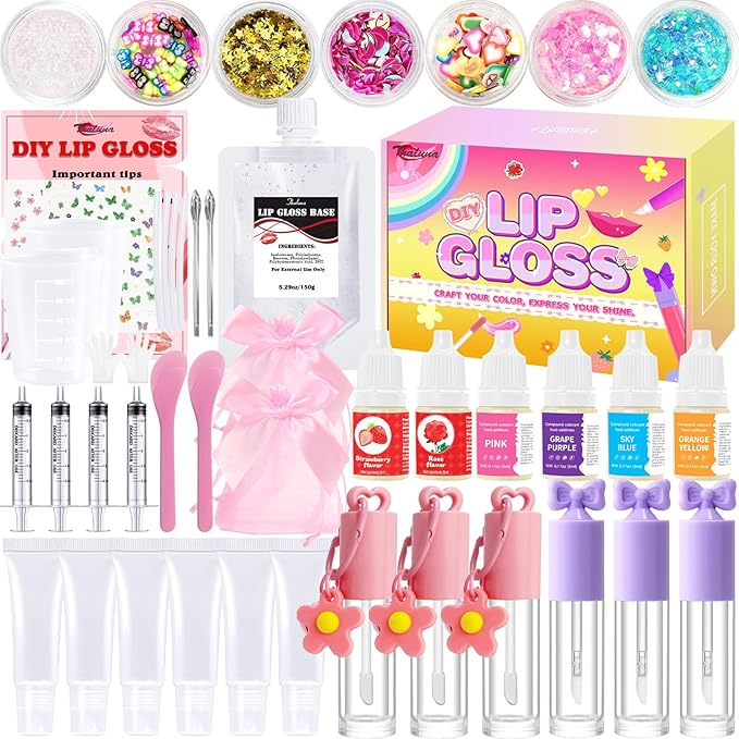 Thaluna Lip Gloss Making Kit, Lip Gloss Set for Women Lip Kit Fun DIY Lipgloss Making Kit, Make Your Own Lip Gloss Kit, Moisturizing Glitter Keychain Birthday Gifts Girls Trendy Stuff