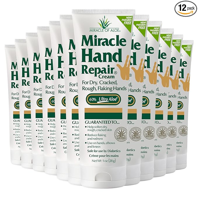 Miracle Hand Repair Cream for Dry Cracked Hands 1 oz Best Healing Hand Cream with 60% Aloe Vera - Non-Greasy Moisturizer for Working Hands - Fast Absorbing Lotion for Extremely Dry Skin (12-Pack)