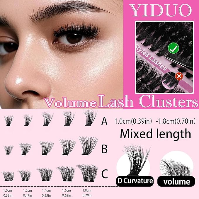 YIDUO Volume Lash Clusters Kit 255Pcs Wispy Individuals Eyelash Extension Kit 3 Styles Thick Clusters Lashes Extensions Kit with Bond and Seal |Tweezers |Removers |Eyelash & Eyebrow Brush