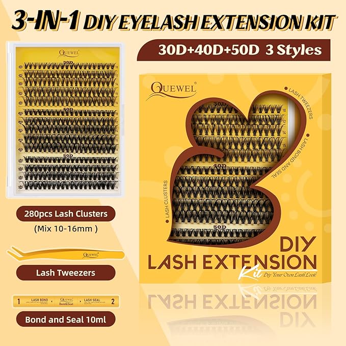 QUEWEL DIY-Lash-Extension-Kit, 280pcs 30+40+50D-Lashes-Clusters Mixed 12-18mm Soft Eyelash-Clusters-Kit with Lash Bond and Seal Waterproof, and Eyelash Clusters Tweezers Easy DIY at Home(30+40+50 KIT)