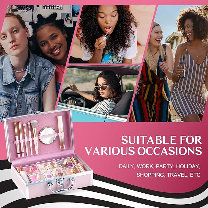 Color Nymph Girls Makeup Kits For Teens, Beginners Makeup Kit All In One Makeup Set For Teenager Full Kit Girls Make Up Kit With Train Case 18 color eyeshadow 4 color glitter & lipgloss - Pink