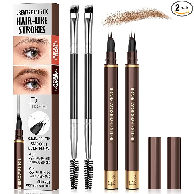 2 Pack 4-Tip Microblading Eyebrow Pen with 2 Brow Brushes, Waterproof Vegan Formula Eyebrow Pencils for Women to Effortlessly Create Natural Hair-Like Strokes, All-Day Wear (Natural Brown)