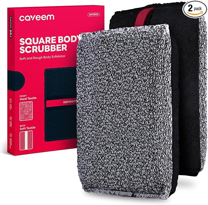 Caveem Exfoliating Body Scrubber, Large Bath and Body Scrub Buffer, Dual Texture Body Exfoliator for Remove Dead Skin, Soft and Rough Lightweight Square Sponge for Shower (2 Pack)