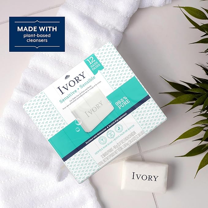 Ivory Sensitive Bar Soap, Designed for Whole Family, Fragrance Free, 99.44% Pure Formula, Plant-Based Cleanser, Made Without Heavy Perfume, Parabens, Phthalates, For All Skin Types, 3.17 oz (12 Count)