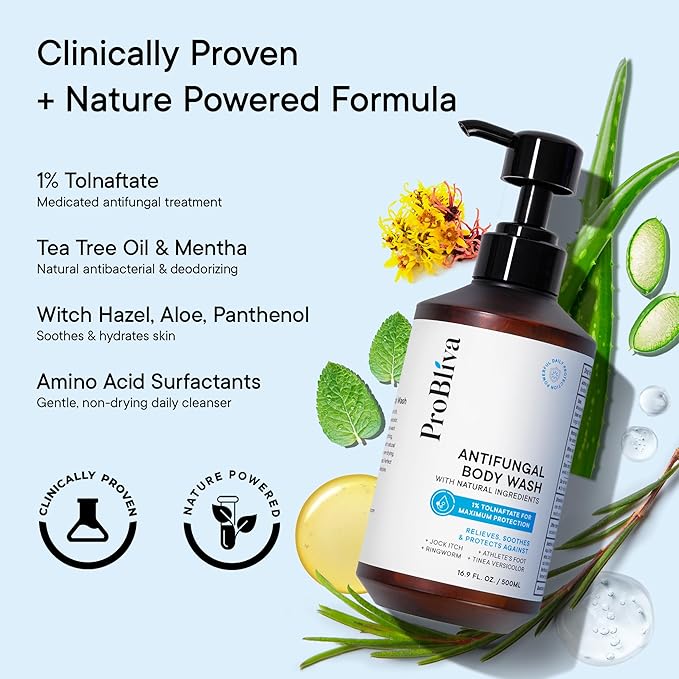 ProBliva Antifungal Body Wash Treatment Soap - Jock Itch, Ringworm, Back Acne, Tinea & Foot Odor – Skin Relief Cleanser Gel with Tea Tree Oil & Tolnaftate for Men and Women (Double Pack)