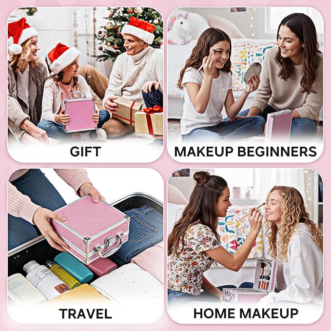 Color Nymph Beginner Makeup Kit For Teens With The Small Cosmetic Train Case Included 24-Colors Eyeshadow Palette Blushes Bronzer Highlighter Lipstick Brushes Mirror(Pink)