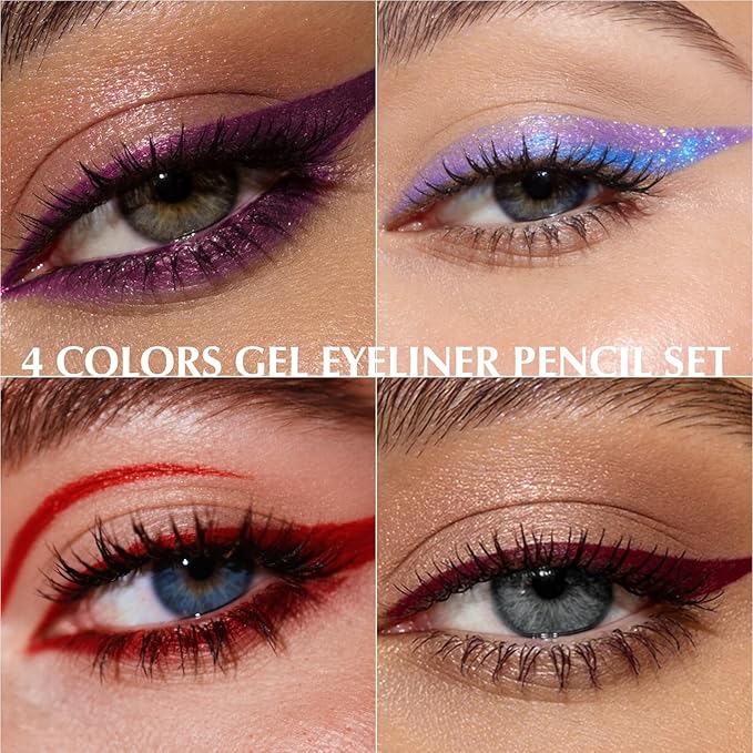 4Pcs Plum Red Purple Eyeliner Pencil, Sharpenable Gel Eye Liner Waterproof Smudge proof, Matte Glitter Waterline Eyeliner Set for Women Smooth Cream Eyeshadow Pen Highly Pigmented Eye Makeup