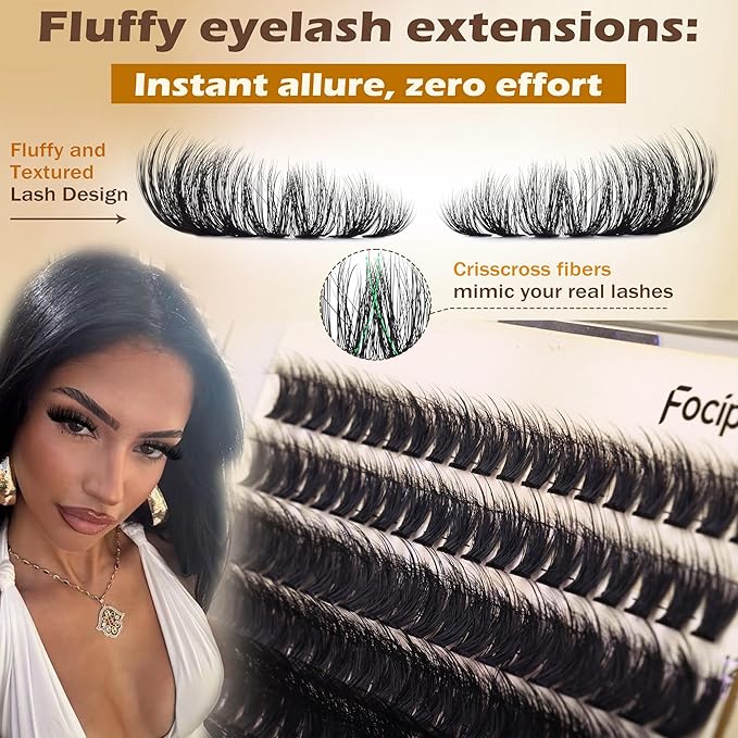 Focipeysa Lash Extension Kit Thick Eyelash Extension Kit 10-18mm Fluff Volume Lash Clusters 200D Individual Eyelashes Kit with Lashes Bond, Lashes Remover, Lash Tweezers, DIY Lash Extension