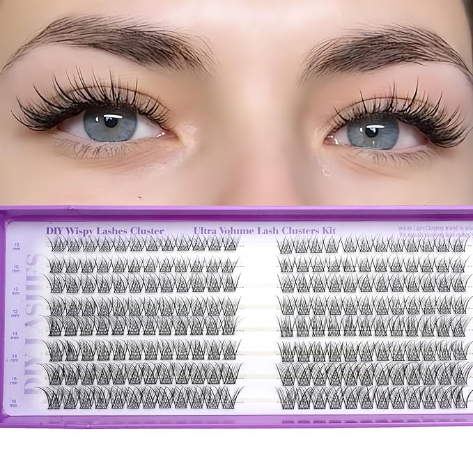 Wispy Lash Clusters Kit, Natural Lash Cluster Eyelash Extensions 192 Pcs C Curl 10-16mm Individual Fluffy False Eyelashes Thin Band DIY Kit for Beginners at Home