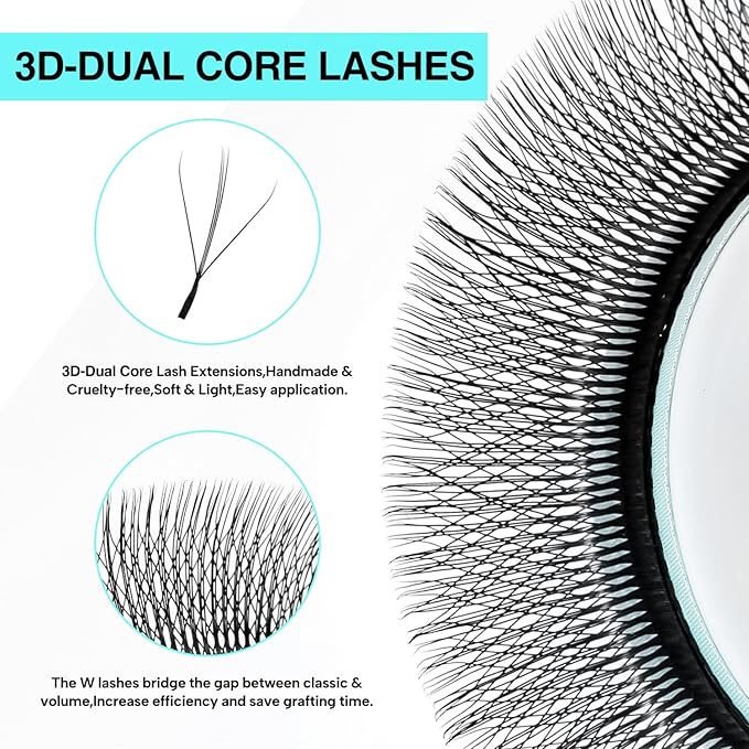 VAVALASH 3D Dual-core W Shape Eyelash Extension 3D W Premade Fans 0.07 D Curl Volume Lash Extensions Easy Fanning False Lashes Matte Black Premade Cluster W Lashes(Dual-core-3D-0.07-D-8-15mm）