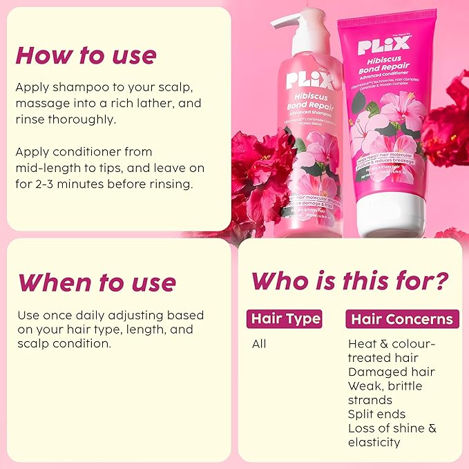 PLIX - THE PLANT FIX - Hibiscus Bond Repair Shampoo (200ml) + Conditioner (175ml) | Repairs Molecular Structure & Reduces Breakage | FiberHance & TechnoHYAL Hair Complex