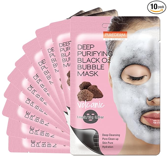 Purederm Deep Purifying Black O2 Bubble Mask Volcanic (10 Pack) - Bubble Face Sheet Mask for Purifying & Deep Cleansing