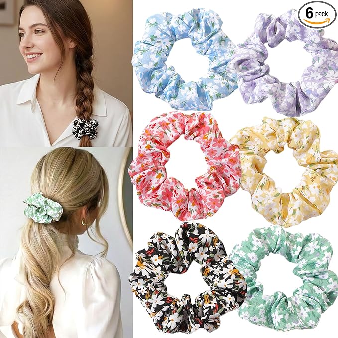 6 Pieces Floral Scrunchies for Women, Cute Scrunchies Hair Ties Ponytail Holder Fresh Sweet Flowers Printing Hair Accessories Gift for Women Girls