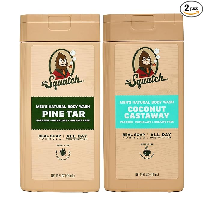 Dr. Squatch Natural Men's Body Wash Shower Gel - Cleansing, Nourishing, Long Lasting Scent, Moisturizing Body Wash for Men - Pine Tar + Coconut Castaway (14 oz, 2-Pack)