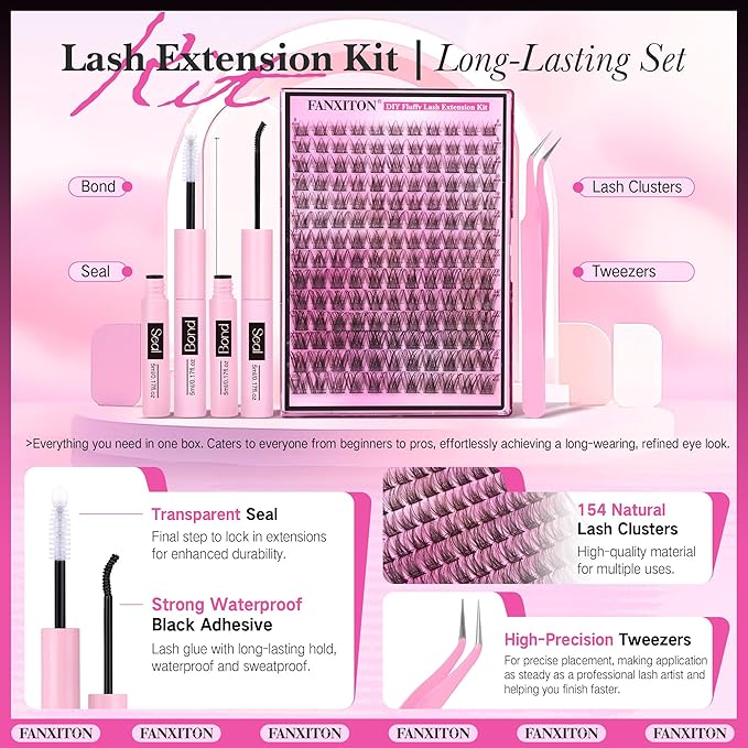 DIY Lash Extension Kit Natural Look Wispy Lash Clusters D 154 pcs Lashes Clusters 8-16 mm Eyelash Extension Kit Lash Bond and Seal Lash Tweezers Individual Lashes Lash Cluster Kit For Beginners