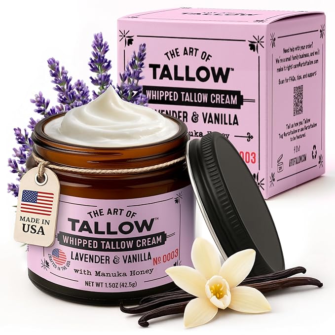 Tallow Face Moisturizer – Lavender Vanilla Beef Tallow for Skin, Whipped Tallow Cream with Manuka Honey & Organic Jojoba Oil, Face Cream, Grass Fed & Finished, Made in USA, 1.5 oz