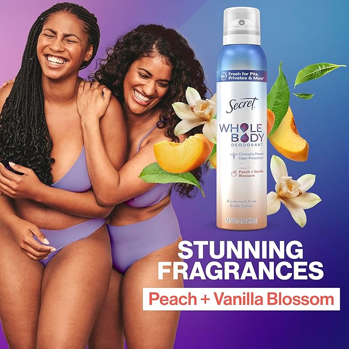 Secret Whole Body Deodorant Spray for Women, Travel Size, Peach & Vanilla Blossom Scent, Aluminum Free Deodorant, 72 HR Odor Protection, 1.0 oz