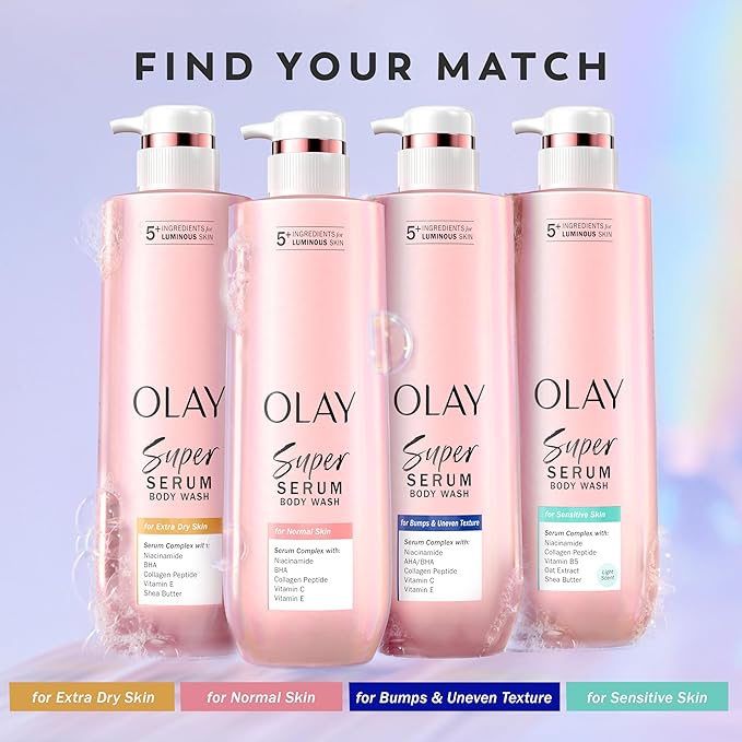 Olay Super Serum Body Wash for Sensitive Skin, 24hr Long Lasting Rich Hydration, 5+ Ingredient Complex for Bright, Even, Firm & Luminous Skin, with Collagen Peptide, Vitamin B5 & Shea Butter, 20 fl oz