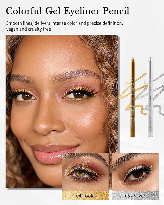 Gold Silver Shimmer Eyeliner Pencil Gel, Waterline Multi-Use Longwear Colored Eye Liner Pen, Waterproof Smudge Resistant, Cream Eye Brightener Pencil Makeup Pen with Sharpener, Delineador De Ojos